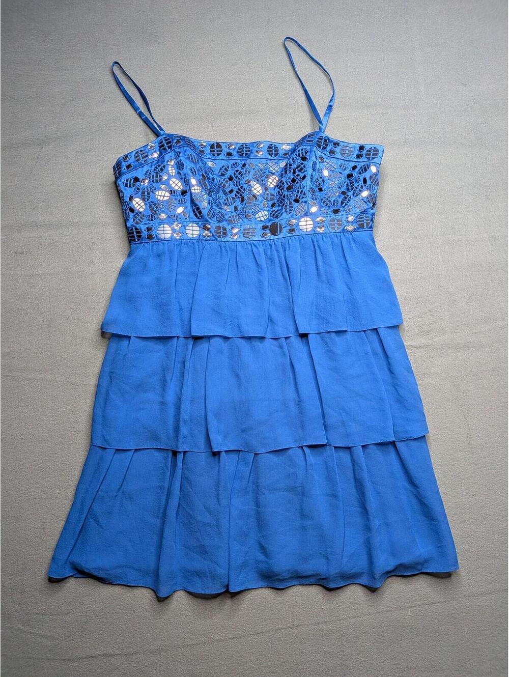 BCBGMAXAZRIA Sundress Womens 8P Blue Chiffon Tiered Sequin Bodice Dress